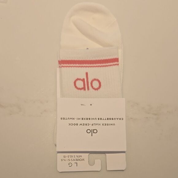 ALO Yoga White Crew Socks with Coral  Accents - Picture 1 of 4